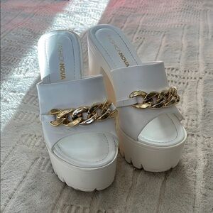Fashion Nova White Platform Sandals with Gold Chain